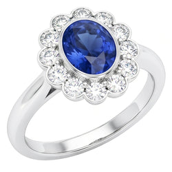 Gold Bezel Set Halo Oval Ceylon Sapphire And Natural Earth Mined Diamond Ring 9.70 Carats