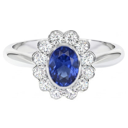 Gold Bezel Set Halo Oval Ceylon Sapphire And Natural Earth Mined Diamond Ring 9.70 Carats