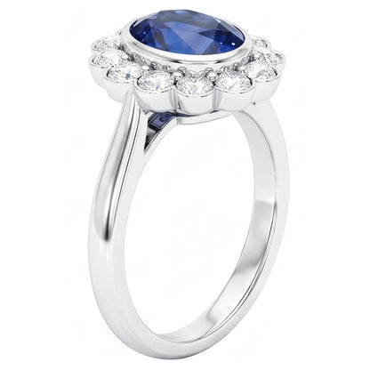 Gold Bezel Set Halo Oval Ceylon Sapphire And Natural Earth Mined Diamond Ring 9.70 Carats