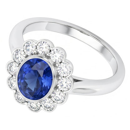 Gold Bezel Set Halo Oval Ceylon Sapphire And Natural Earth Mined Diamond Ring 9.70 Carats