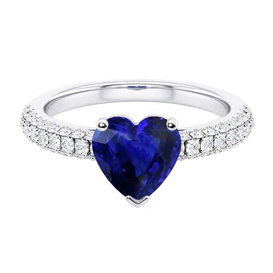 Gold Blue Sapphire Gemstone Ring 4 Carats Multi Row Pave Set Natural Earth Mined Diamonds