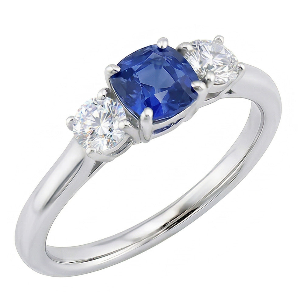 Gold Cushion Three Stone Ring 1.25 Carats Round Natural Earth Mined Diamond And Blue Sapphire Jewelry