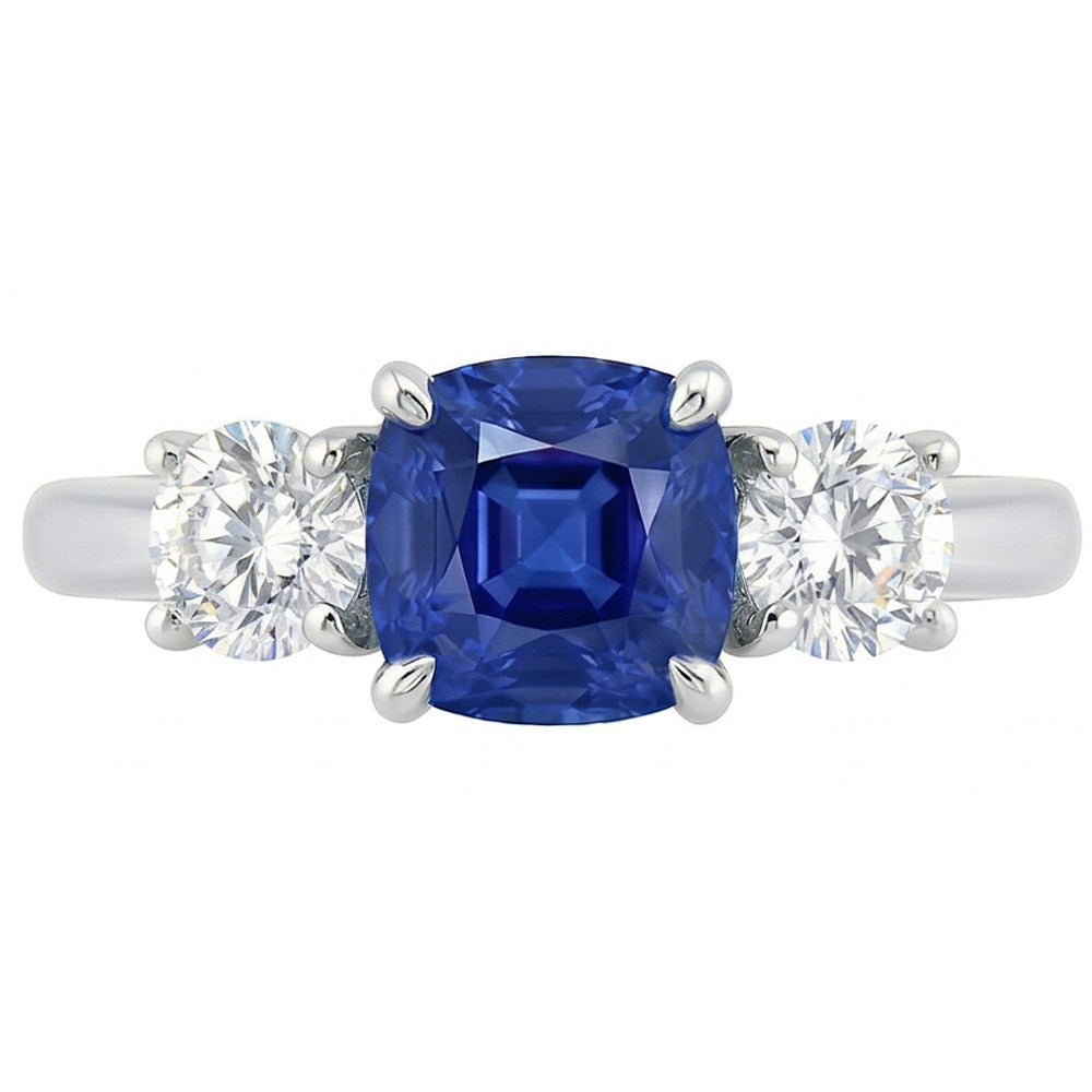 Gold Cushion Three Stone Ring 1.25 Carats Round Natural Earth Mined Diamond And Blue Sapphire Jewelry