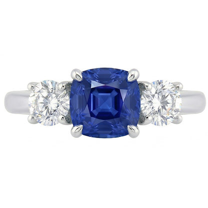 Gold Cushion Three Stone Ring 1.25 Carats Round Natural Earth Mined Diamond And Blue Sapphire Jewelry