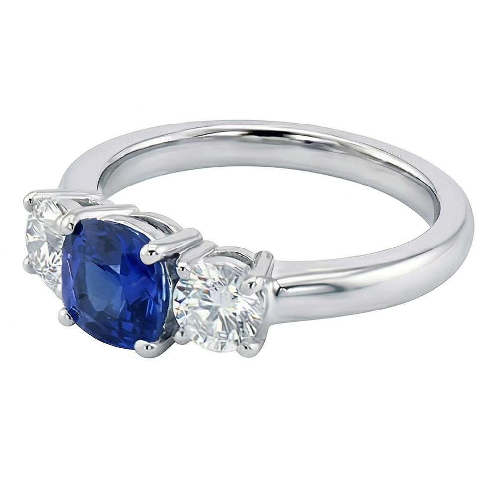 Gold Cushion Three Stone Ring 1.25 Carats Round Natural Earth Mined Diamond And Blue Sapphire Jewelry