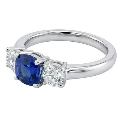 Gold Cushion Three Stone Ring 1.25 Carats Round Natural Earth Mined Diamond And Blue Sapphire Jewelry