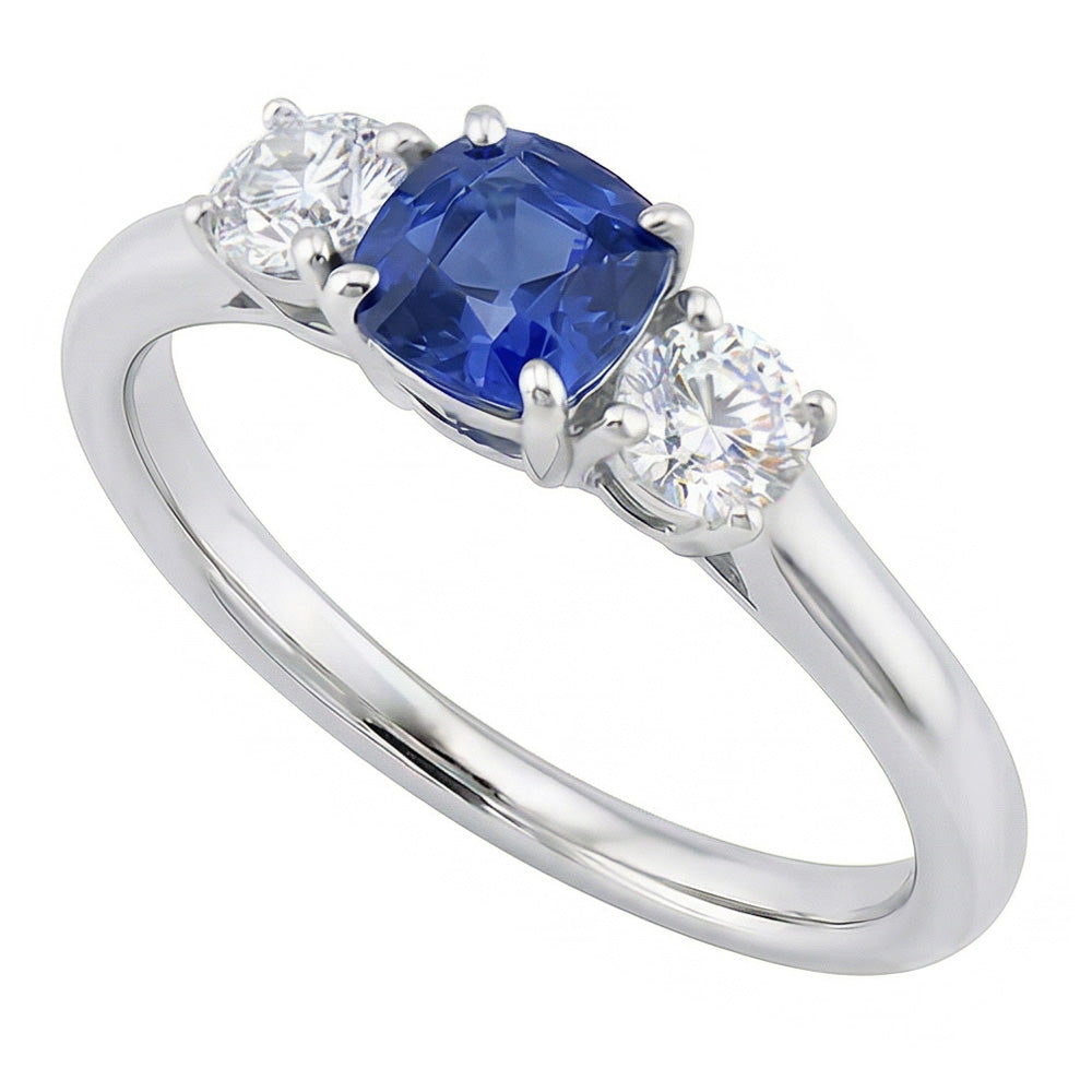 Gold Cushion Three Stone Ring 1.25 Carats Round Natural Earth Mined Diamond And Blue Sapphire Jewelry