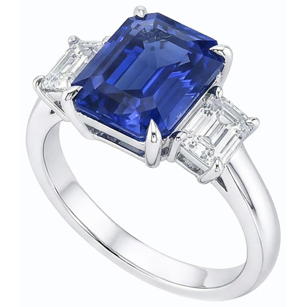 Gold Emerald 3 Stone Blue Sapphire & Natural Earth Mined Diamond Ring 3 Carats