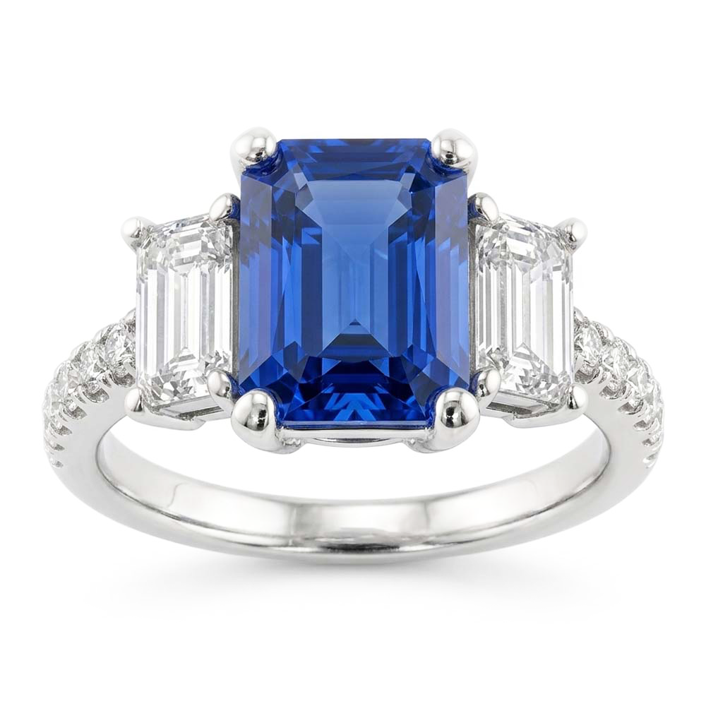 Gold Emerald Natural Earth Mined Diamond Blue Sapphire Ring With Round Accents 3.50 Carats