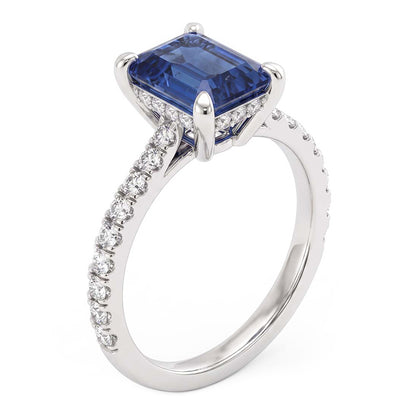 Gold Engagement Ring Emerald Blue Sapphire & Pave Natural Earth Mined Diamonds 2.50 Carats