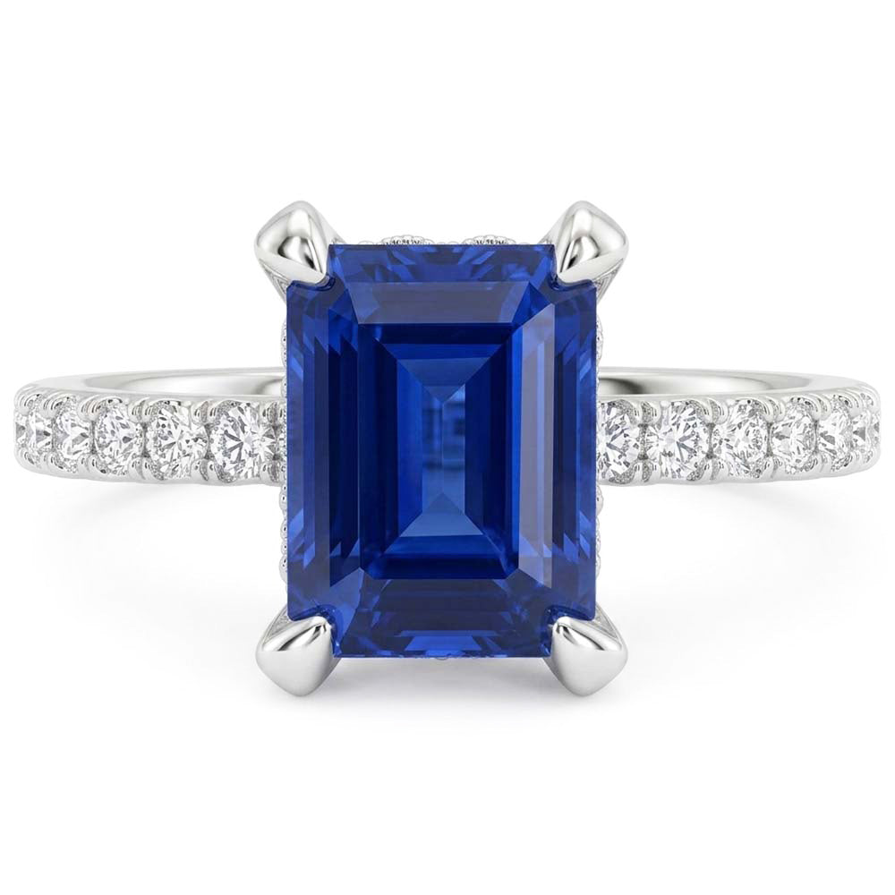 Gold Engagement Ring Emerald Blue Sapphire & Pave Natural Earth Mined Diamonds 2.50 Carats