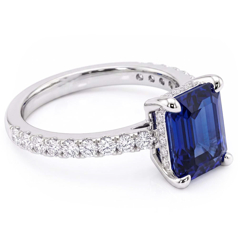 Gold Engagement Ring Emerald Blue Sapphire & Pave Natural Earth Mined Diamonds 2.50 Carats