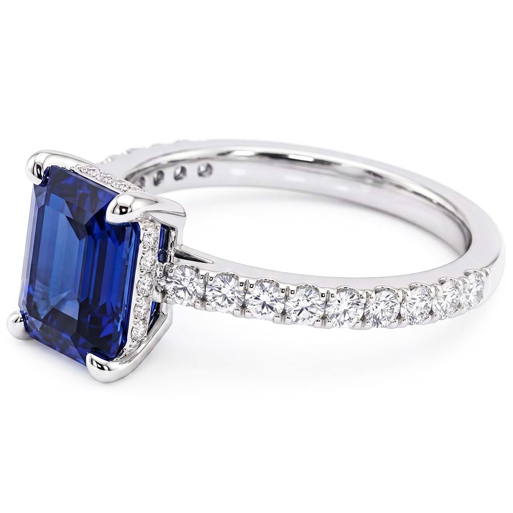 Gold Engagement Ring Emerald Blue Sapphire & Pave Natural Earth Mined Diamonds 2.50 Carats