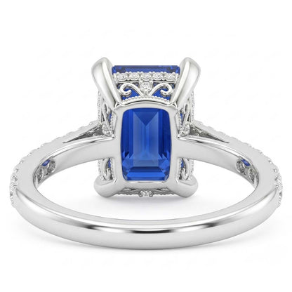 Gold Engagement Ring Emerald Blue Sapphire & Pave Natural Earth Mined Diamonds 2.50 Carats