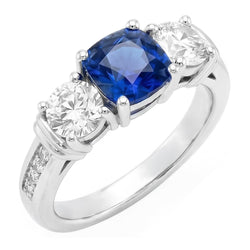 Gold Gemstone Cushion Sapphire Ring 2.50 Carats 3 Stone Style Natural Earth Mined Diamond