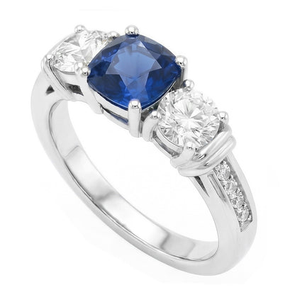 Gold Gemstone Cushion Sapphire Ring 2.50 Carats 3 Stone Style Natural Earth Mined Diamond