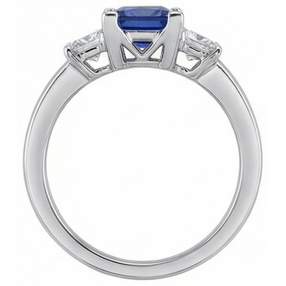 Gold Gemstone Princess Blue Sapphire & Natural Earth Mined Diamond 3 Stone Ring 5 Carats