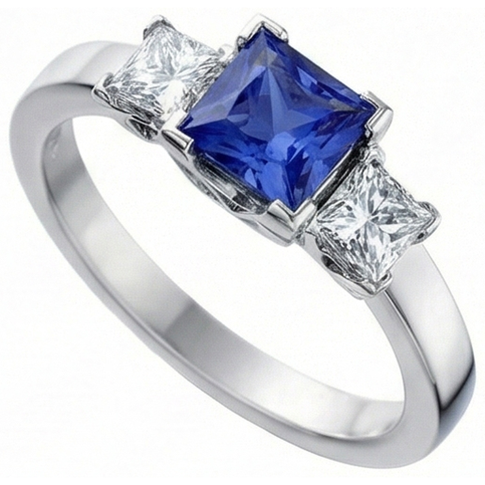 Gold Gemstone Princess Blue Sapphire & Natural Earth Mined Diamond 3 Stone Ring 5 Carats