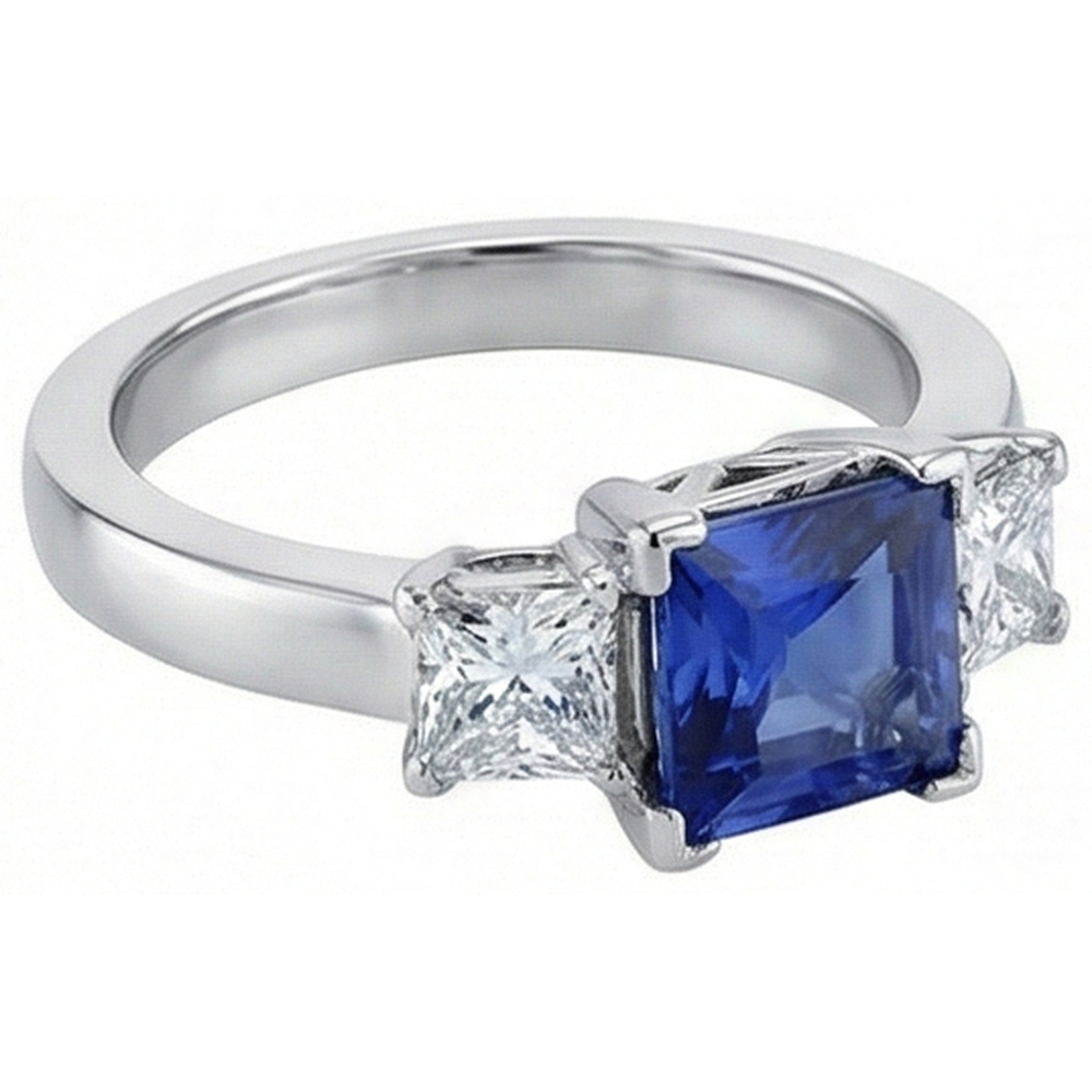 Gold Gemstone Princess Blue Sapphire & Natural Earth Mined Diamond 3 Stone Ring 5 Carats