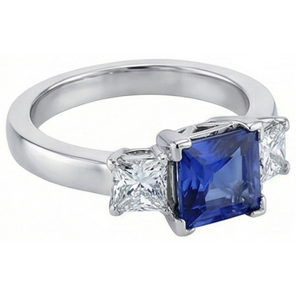Gold Gemstone Princess Blue Sapphire & Natural Earth Mined Diamond 3 Stone Ring 5 Carats