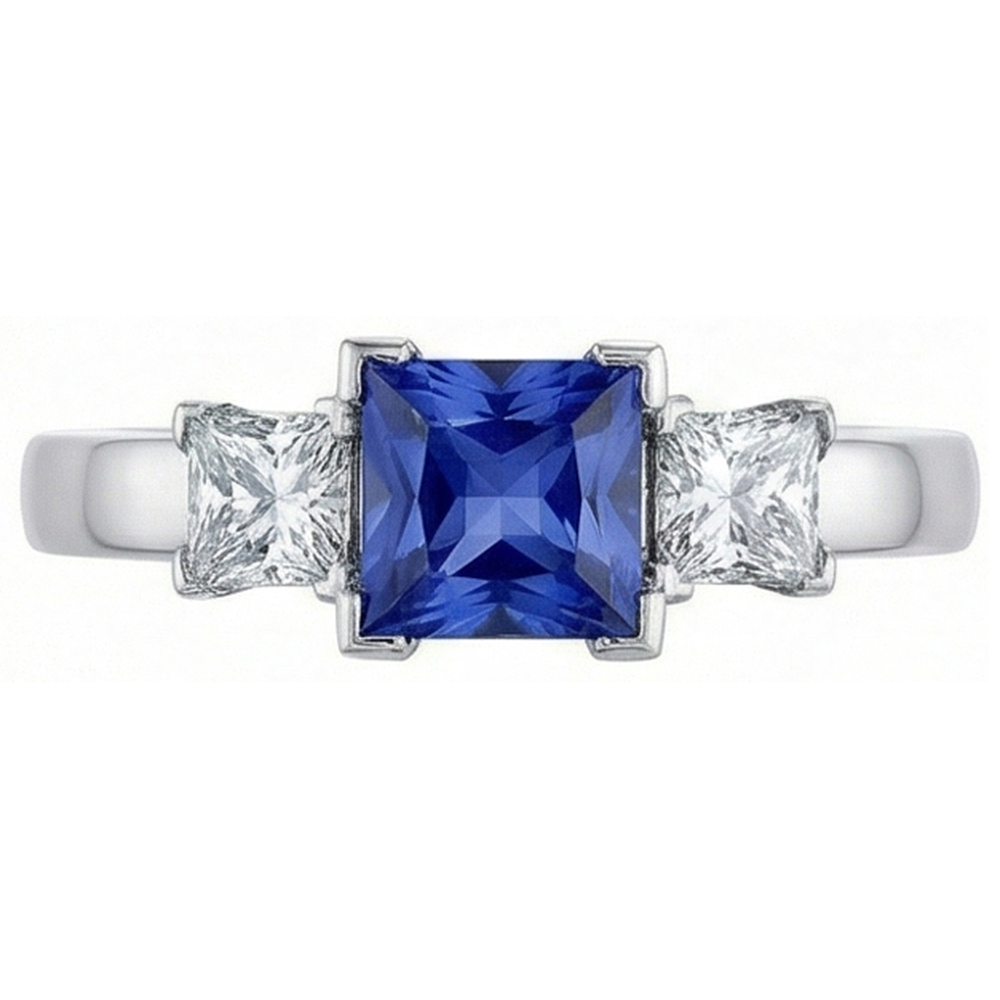 Gold Gemstone Princess Blue Sapphire & Natural Earth Mined Diamond 3 Stone Ring 5 Carats