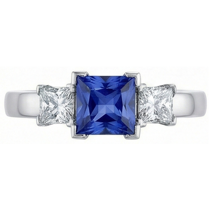 Gold Gemstone Princess Blue Sapphire & Natural Earth Mined Diamond 3 Stone Ring 5 Carats