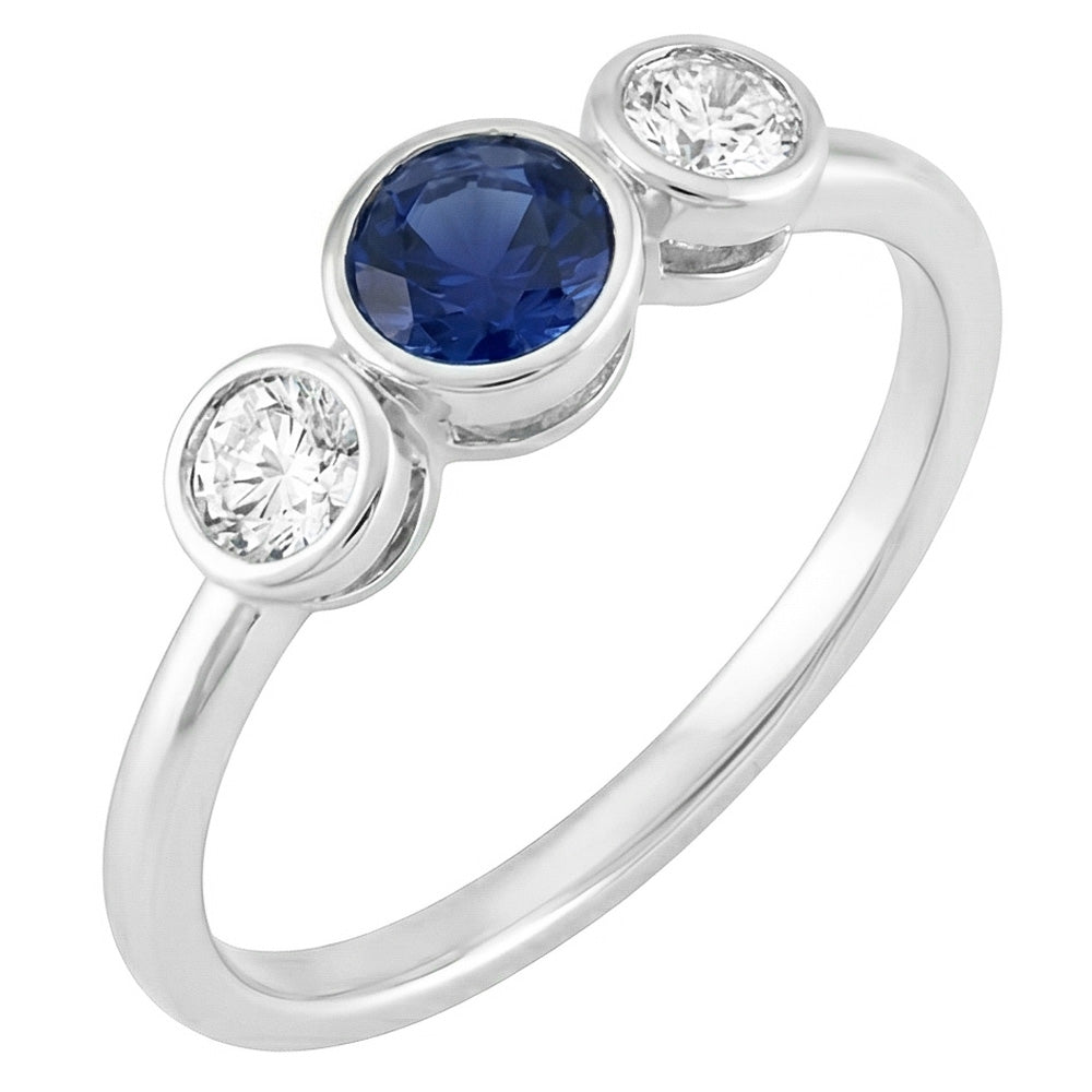 Gold Gemstone Ring Bezel Set Natural Earth Mined Diamonds & Sapphire 3 Stone 1.50 Carats