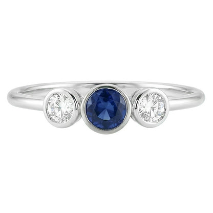 Gold Gemstone Ring Bezel Set Natural Earth Mined Diamonds & Sapphire 3 Stone 1.50 Carats