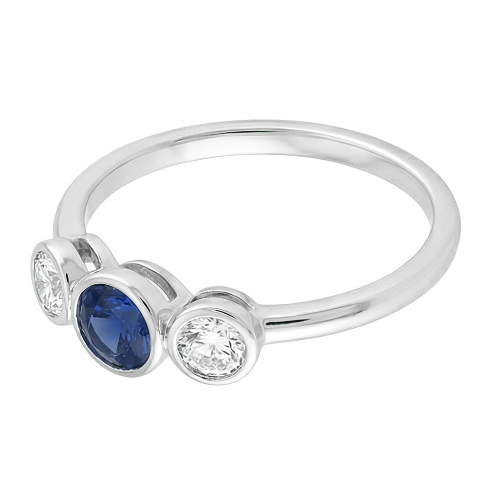 Gold Gemstone Ring Bezel Set Natural Earth Mined Diamonds & Sapphire 3 Stone 1.50 Carats