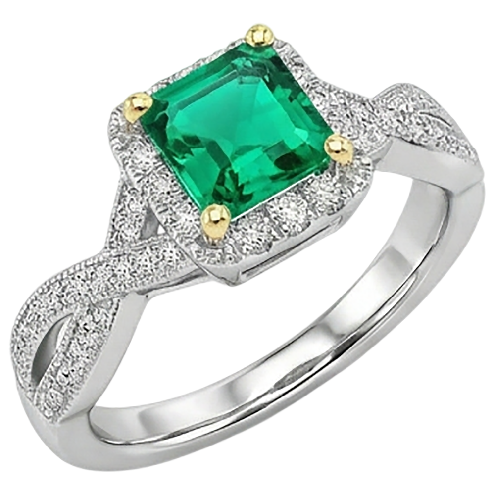Natural Real ( Not Lab Grown ) Gold Green Emerald GIA Ring Princess Cut Twisted Shank