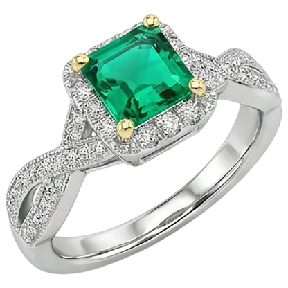 Natural Real ( Not Lab Grown ) Gold Green Emerald GIA Ring Princess Cut Twisted Shank