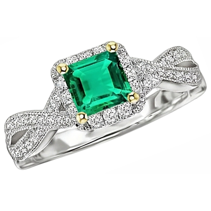 Natural Real ( Not Lab Grown ) Gold Green Emerald GIA Ring Princess Cut Twisted Shank