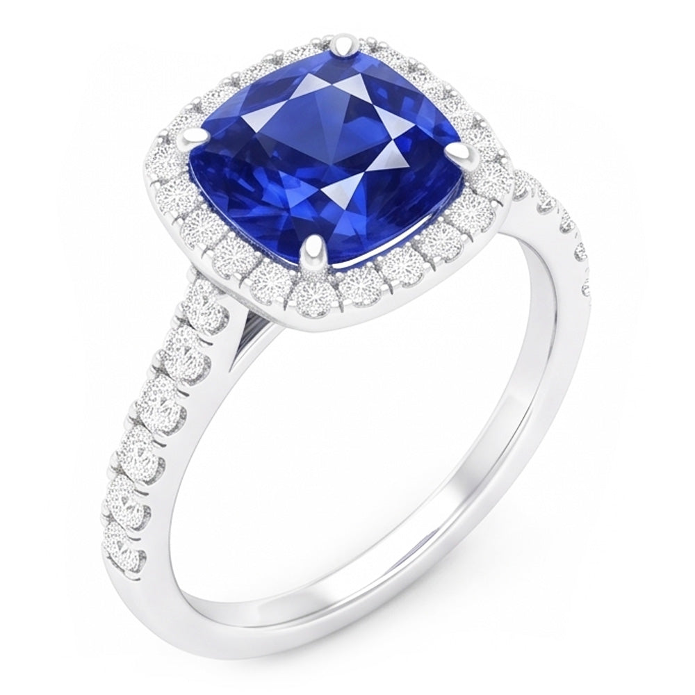 Gold Halo Cushion Sapphire Ring Prong Accents Natural Earth Mined Diamonds 3.50 Carats