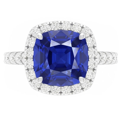 Gold Halo Cushion Sapphire Ring Prong Accents Natural Earth Mined Diamonds 3.50 Carats