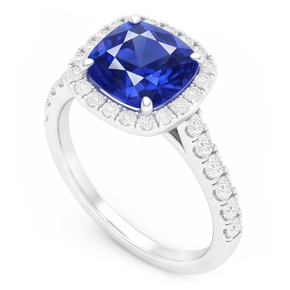 Gold Halo Cushion Sapphire Ring Prong Accents Natural Earth Mined Diamonds 3.50 Carats