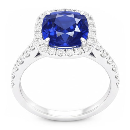 Gold Halo Cushion Sapphire Ring Prong Accents Natural Earth Mined Diamonds 3.50 Carats