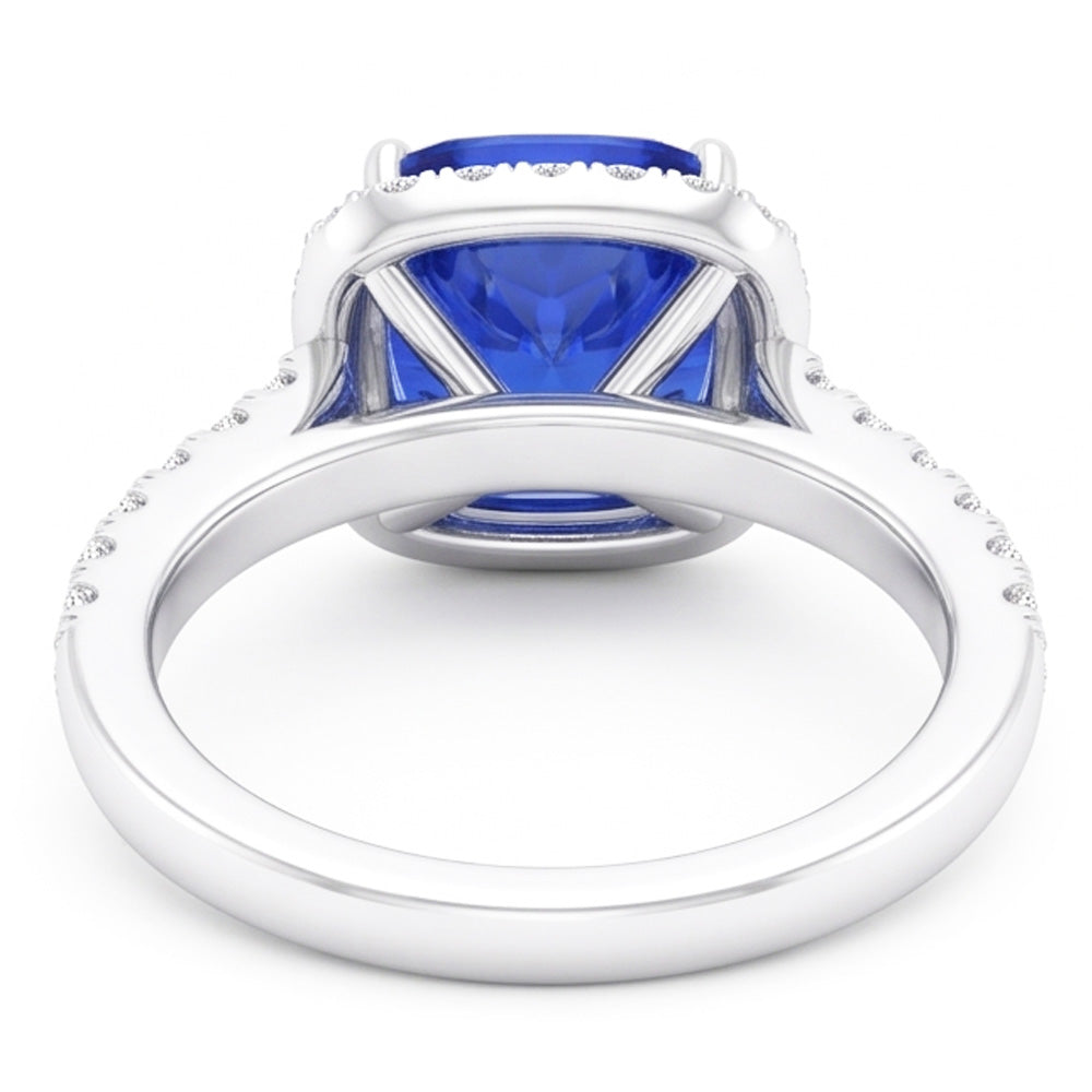 Gold Halo Cushion Sapphire Ring Prong Accents Natural Earth Mined Diamonds 3.50 Carats