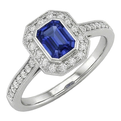 Gold Halo Emerald Shaped Sri Lankan Sapphire Natural Earth Mined Diamond Ring 3.50 Carats
