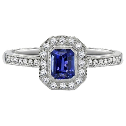 Gold Halo Emerald Shaped Sri Lankan Sapphire Natural Earth Mined Diamond Ring 3.50 Carats