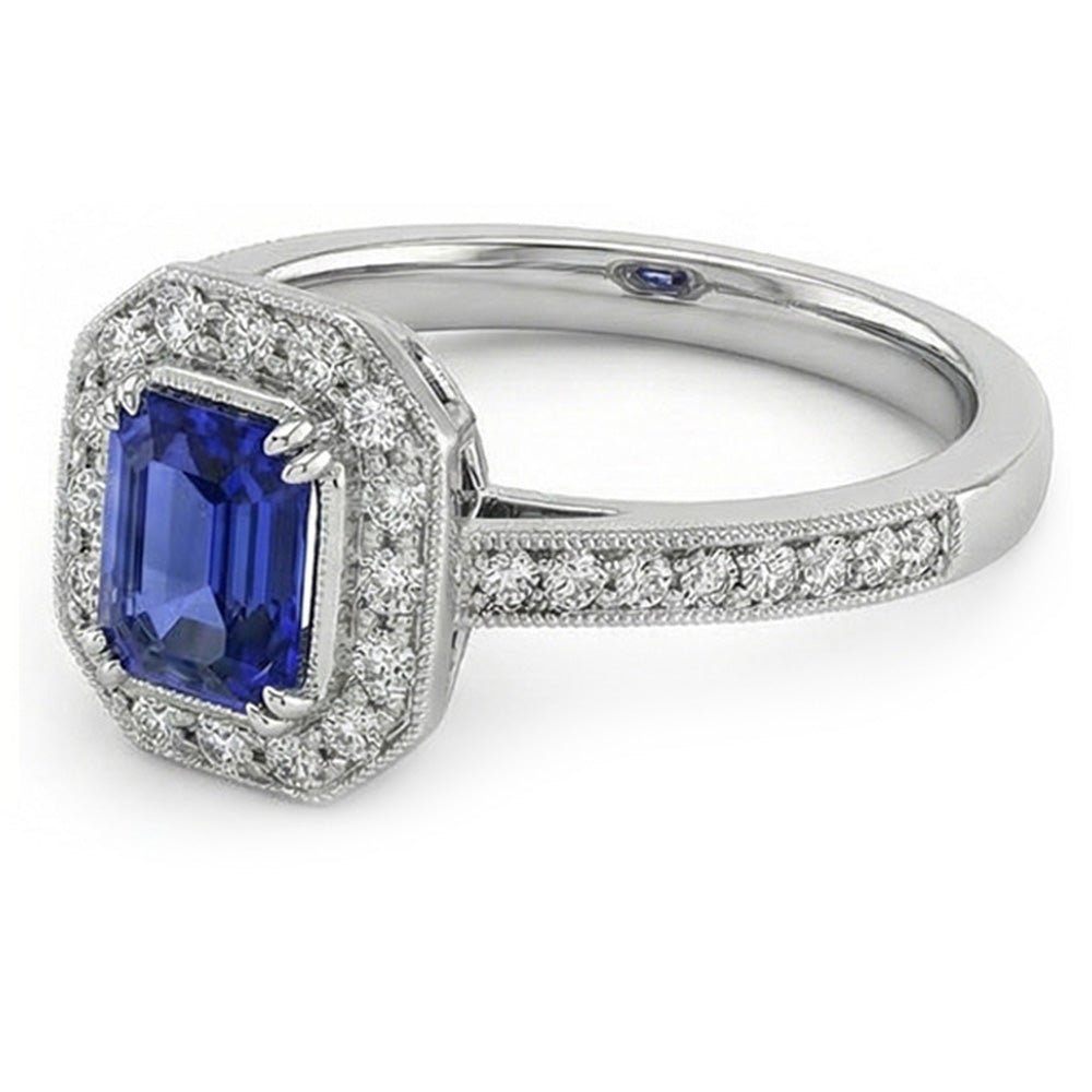 Gold Halo Emerald Shaped Sri Lankan Sapphire Natural Earth Mined Diamond Ring 3.50 Carats