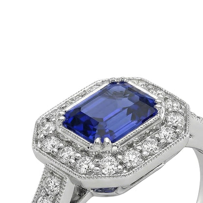 Gold Halo Emerald Shaped Sri Lankan Sapphire Natural Earth Mined Diamond Ring 3.50 Carats