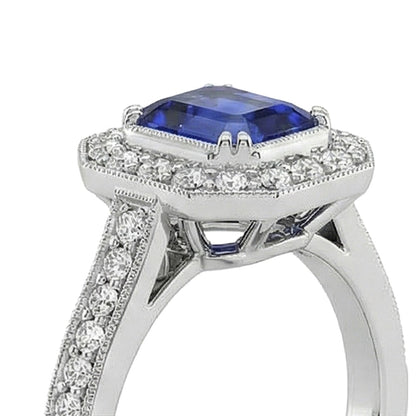 Gold Halo Emerald Shaped Sri Lankan Sapphire Natural Earth Mined Diamond Ring 3.50 Carats