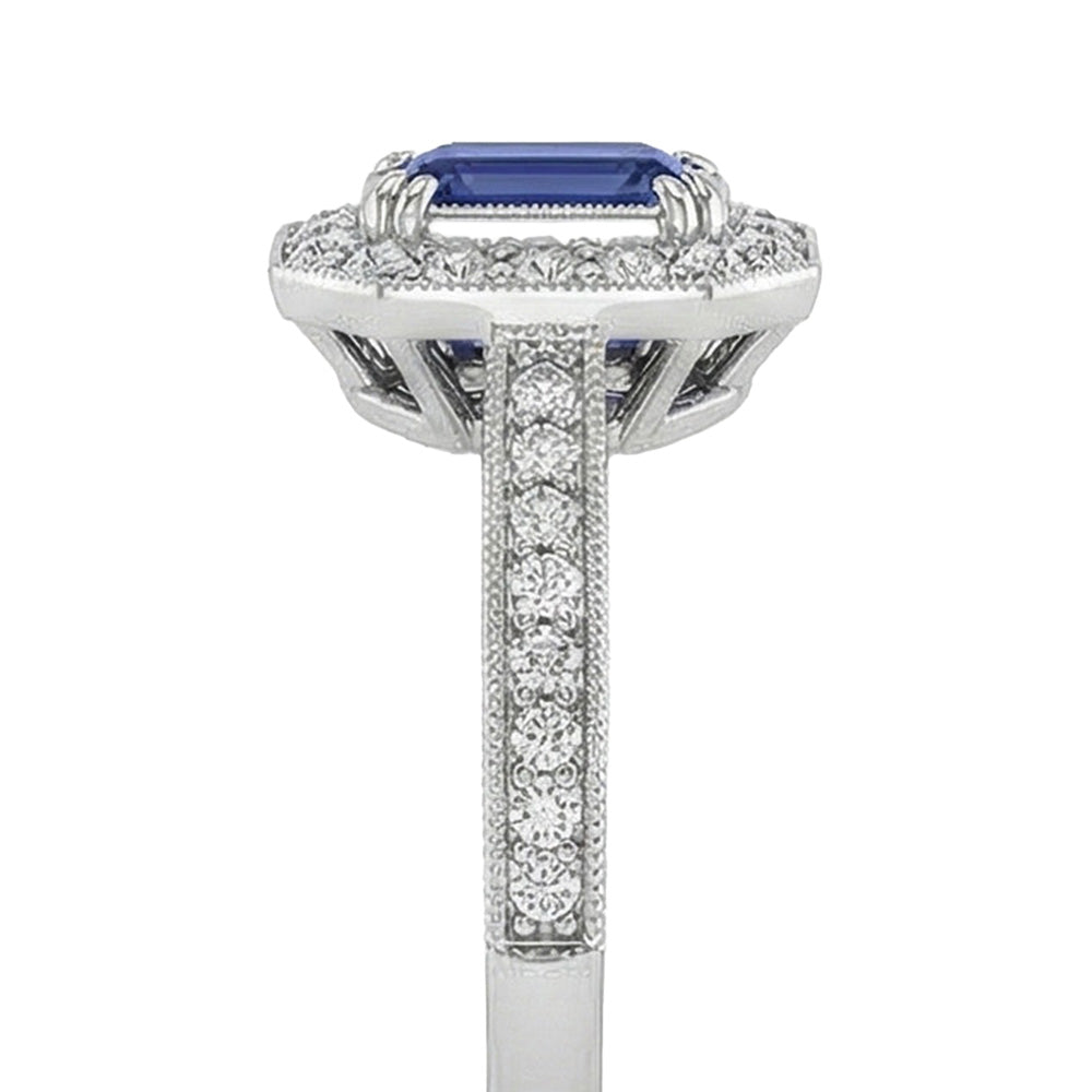 Gold Halo Emerald Shaped Sri Lankan Sapphire Natural Earth Mined Diamond Ring 3.50 Carats