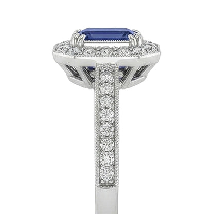 Gold Halo Emerald Shaped Sri Lankan Sapphire Natural Earth Mined Diamond Ring 3.50 Carats