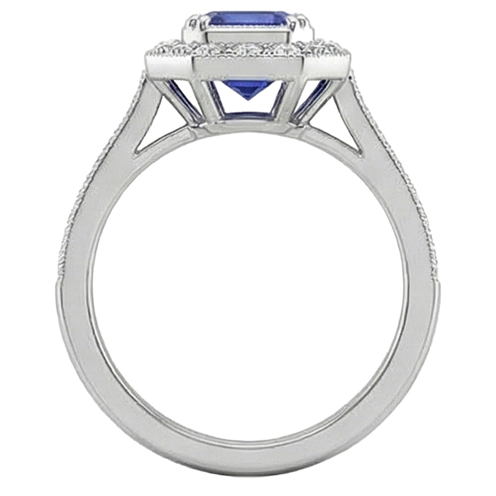 Gold Halo Emerald Shaped Sri Lankan Sapphire Natural Earth Mined Diamond Ring 3.50 Carats