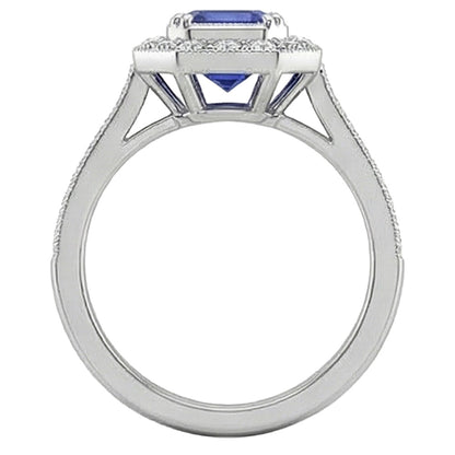 Gold Halo Emerald Shaped Sri Lankan Sapphire Natural Earth Mined Diamond Ring 3.50 Carats