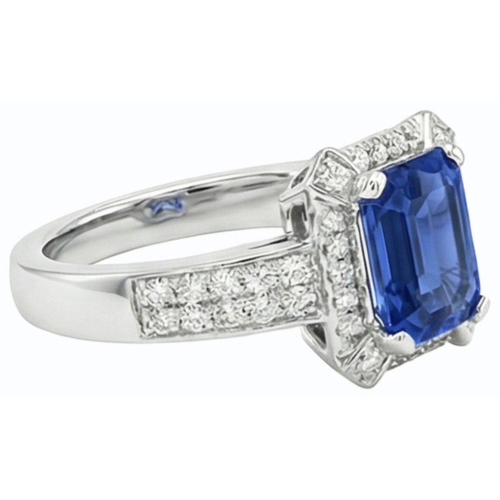 Gold Halo Engagement Ring Ceylon Sapphire & Natural Earth Mined Diamonds 3.50 Carats