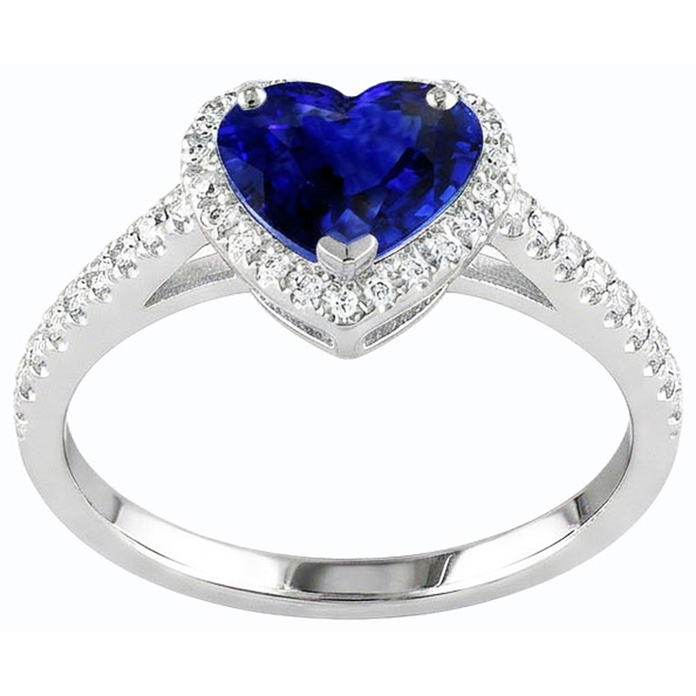 Gold Halo Heart Srilanka Sapphire Ring & Pave Set Natural Earth Mined Diamonds 3.50 Carats