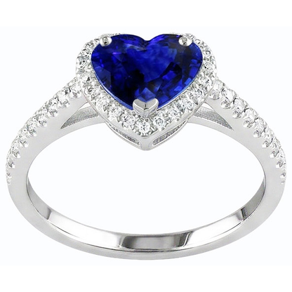 Gold Halo Heart Srilanka Sapphire Ring & Pave Set Natural Earth Mined Diamonds 3.50 Carats