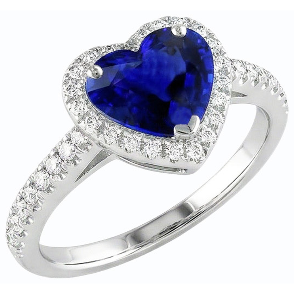 Gold Halo Heart Srilanka Sapphire Ring & Pave Set Natural Earth Mined Diamonds 3.50 Carats
